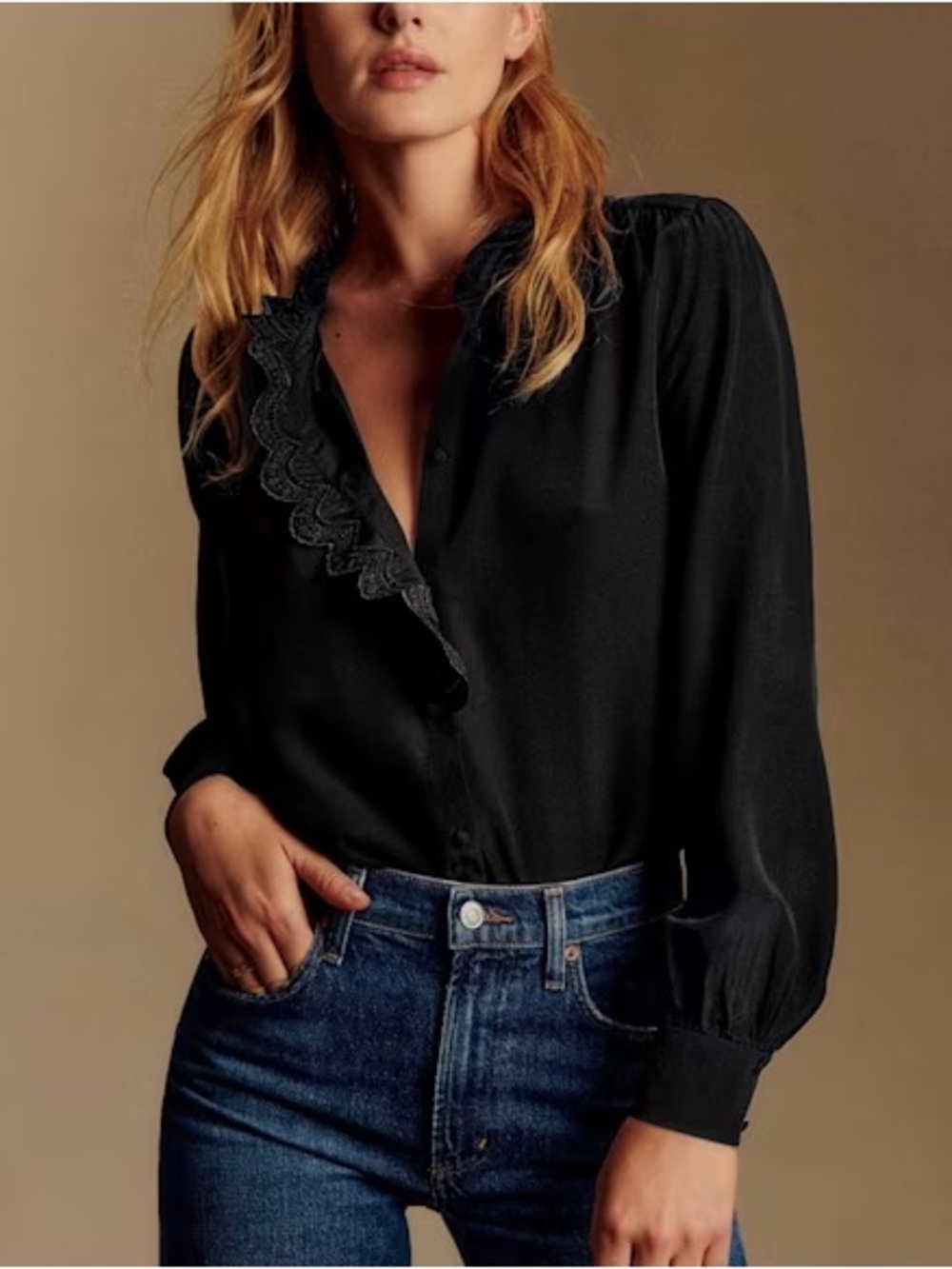 Sezane Chlo Silk Lace Black Long Sleeve Blouse FR 36 US S (4)